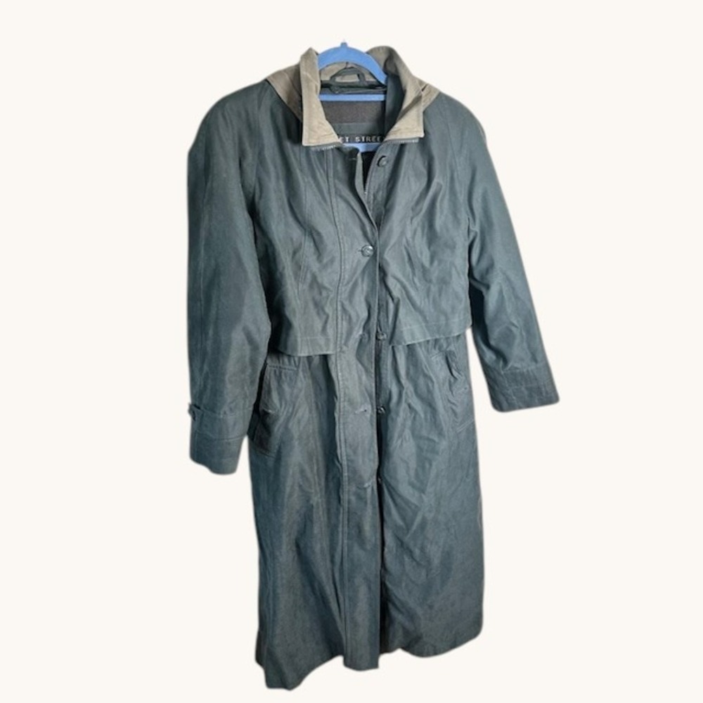 Fleet Street Women's Long Trench Coat Hooded Water Resistant Green Size 4P‎